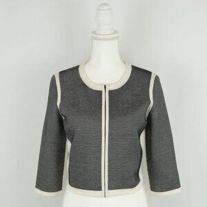 Narciso Rodriguez Women's Size 10 Black Cream Striped Silk Blend Zip Cardigan